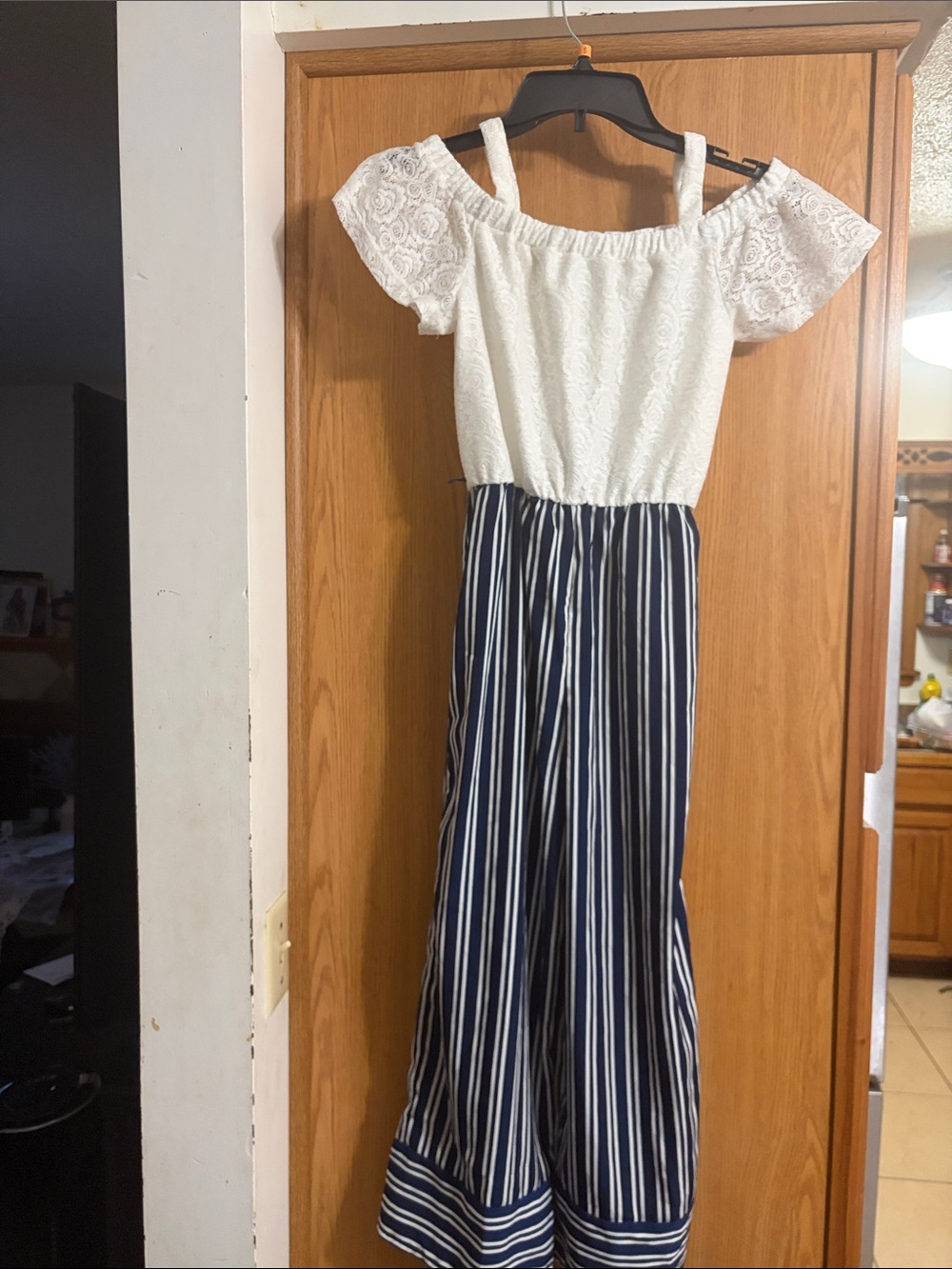 White Lace & Navy Stripe Off-Shoulder Jumpsuit